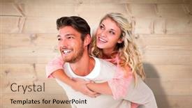  Presentation with bleached - Audience pleasing slide set consisting of handsome man giving piggy back to his girlfriend against bleached wooden planks background backdrop and a lemonade colored foreground