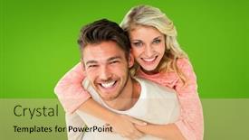  Presentation with giving - Audience pleasing PPT theme consisting of handsome man giving piggy back to his girlfriend against green vignette backdrop and a coral colored foreground