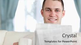  Presentation with news - Slide set consisting of handsome man having a coffee while reading the news in his living room background and a light gray colored foreground