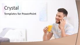  Presentation with man holding phone - Presentation design featuring handsome man holding glass of juice and talking on phone at home background and a pink colored foreground
