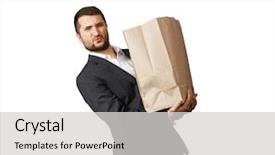  Presentation with paper bag - Amazing slide set having handsome man holding heavy paper bag isolated on white background backdrop and a light gray colored foreground