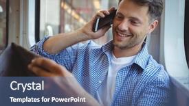  Presentation with man holding phone - Audience pleasing PPT layouts consisting of handsome man holding newspaper while talking on mobile phone in train backdrop and a teal colored foreground