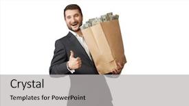  Presentation with paper bag - Audience pleasing theme consisting of handsome man holding paper bag backdrop and a light gray colored foreground