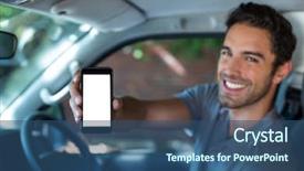  Presentation with man holding phone - Presentation having handsome man holding phone background and a ocean colored foreground