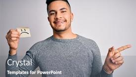  Presentation with happy sad face man - PPT theme having handsome-man-holding-reminder-paper background and a gray colored foreground