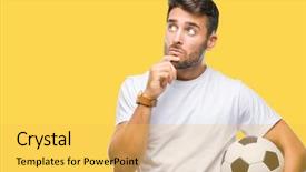  Presentation with idea light ball - Slide deck having handsome man holding soccer football background and a yellow colored foreground