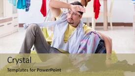  Presentation with home - Slide deck featuring handsome man husband doing laundering background and a  colored foreground