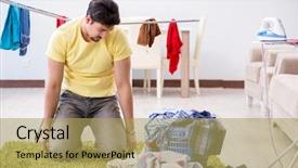  Presentation with man lust - Slide set enhanced with handsome man husband doing laundering background and a yellow colored foreground