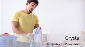  Presentation with evolution of man - Amazing PPT layouts having handsome man husband doing laundering backdrop and a  colored foreground