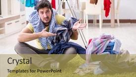  Presentation with home - Presentation theme featuring handsome man husband doing laundering background and a yellow colored foreground