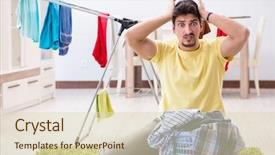  Presentation with home - Slide deck enhanced with handsome man husband doing laundering background and a soft green colored foreground