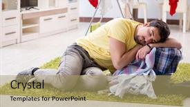  Presentation with kids doing science - Slide set with handsome man husband doing laundering background and a  colored foreground