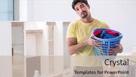  Presentation with home - Beautiful PPT layouts featuring handsome man husband doing laundering backdrop and a  colored foreground