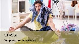  Presentation with home - Presentation consisting of handsome man husband doing laundering background and a  colored foreground