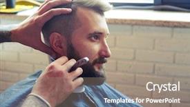  Presentation with barber - Slide deck featuring handsome man in barbershop background and a gray colored foreground