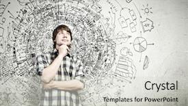  Presentation with ideas - PPT layouts enhanced with handsome man in casual thinking background and a light gray colored foreground