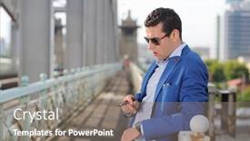  Presentation with cigar - Slide deck featuring handsome man in jacket and sunglasses with cigar stands near railings and thinks background and a gray colored foreground