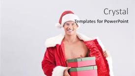  Presentation with boxes light - Colorful slide set enhanced with handsome man in santa claus costume holding gift boxes on light background backdrop and a white colored foreground
