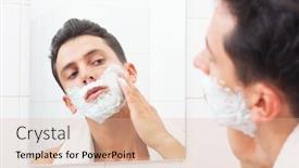  Presentation with towel for uk market - PPT theme consisting of handsome man in towel putting shaving foam on the face at the bathroom background and a lemonade colored foreground