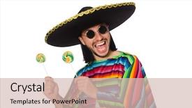  Presentation with lollypop - PPT layouts enhanced with handsome man in vivid poncho holding lollypop isolated on white background and a soft green colored foreground