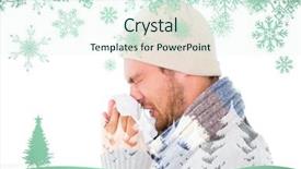  Presentation with green fashion - Cool new presentation with handsome man in winter fashion blowing his nose against snowflakes and fir tree in green backdrop and a cool aqua colored foreground