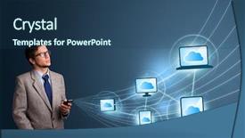  Presentation with cloud computing - Amazing presentation having handsome man lady typing on smartphone with cloud computing backdrop and a ocean colored foreground