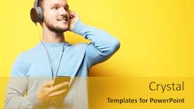 Presentation with yellow music - Colorful slide set enhanced with handsome man lictening to music over yellow background backdrop and a gold colored foreground