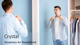  Presentation with looking glass - PPT theme featuring handsome man looking in mirror background and a light blue colored foreground