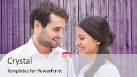  Presentation with purple rose - PPT theme having handsome man offering his girlfriend a rose against wooden background in purple background and a sky blue colored foreground