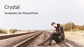  Presentation with railroad - Audience pleasing PPT theme consisting of handsome man playing guitar on railroad backdrop and a sky blue colored foreground