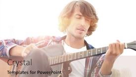  Presentation with guitar - PPT theme featuring handsome man playing on the guitar on the couch at home background and a coral colored foreground