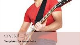  Presentation with emotions - Amazing PPT theme having handsome man plays on the electric guitar with bright emotions isolated on white background backdrop and a coral colored foreground