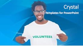  Presentation with blue design - Slide set consisting of handsome man pointing to his volunteer tshirt against abstract blue design background and a teal colored foreground