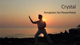  Presentation with thai - Colorful presentation theme enhanced with handsome man practicing thai chi on the beach at sunrise backdrop and a coral colored foreground