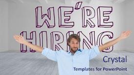  Presentation with hiring - Audience pleasing presentation design consisting of handsome-man-raising-arms backdrop and a light blue colored foreground