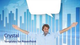  Presentation with blue global - Audience pleasing PPT layouts consisting of handsome man raising hands with speech bubble against global business graphic in blue backdrop and a light blue colored foreground