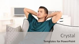  Presentation with home - Slide deck having handsome-man-resting-on-sofa background and a light gray colored foreground