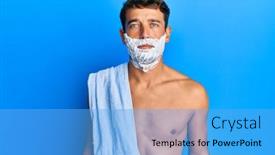  Presentation with shave - Cool new PPT theme with handsome-man-saving-beard backdrop and a light blue colored foreground