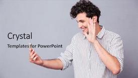  Presentation with web - Presentation design having handsome man showing greeting gesture on smartphone web camera over gray background background and a light gray colored foreground