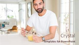  Presentation with healthy juice - Theme consisting of handsome man smiling eating healthy breakfast and drinking orange juice in the morning background and a lemonade colored foreground