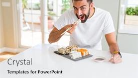 Presentation with asian chopsticks - Presentation theme enhanced with handsome man smiling happy enjoying eating fresh colorful asian sushi using chopsticks background and a white colored foreground