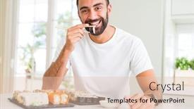  Presentation with asian chopsticks - Slide deck having handsome man smiling happy enjoying eating fresh colorful asian sushi using chopsticks background and a lemonade colored foreground