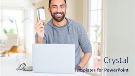  Presentation with online payment - Colorful PPT theme enhanced with handsome man smiling using credit card as payment metod when shopping online using laptop backdrop and a sky blue colored foreground