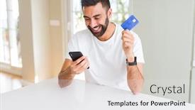  Presentation with pay - Colorful presentation theme enhanced with handsome man using credit card to pay online with smartphone backdrop and a white colored foreground