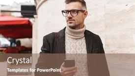  Presentation with man holding phone - Colorful PPT theme enhanced with handsome man wearing a coat walking outdoors holding mobile phone backdrop and a violet colored foreground