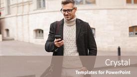  Presentation with man holding phone - Audience pleasing presentation theme consisting of handsome man wearing a coat walking outdoors holding mobile phone backdrop and a coral colored foreground