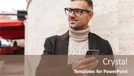  Presentation with man holding phone - Slides consisting of handsome man wearing a coat walking outdoors holding mobile phone background and a violet colored foreground