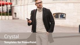  Presentation with man holding phone - Slides featuring handsome man wearing a coat walking outdoors holding mobile phone background and a gray colored foreground
