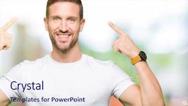  Presentation with man head in hands - Audience pleasing slide set consisting of handsome man wearing casual white tshirt smiling pointing head both hands finger great idea thought good memory backdrop and a sky blue colored foreground