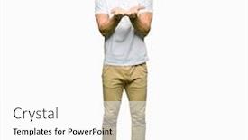  Presentation with giving - Audience pleasing slides consisting of handsome man wearing casual white t-shirt smiling with hands palms together receiving or giving gesture hold and protection backdrop and a white colored foreground